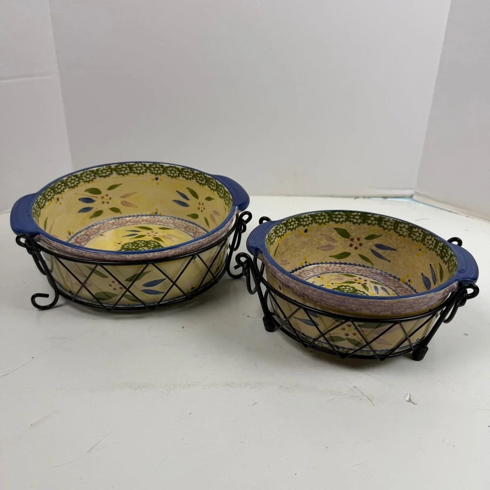 Temp-tations Old World Blue Ceramic Round Baker Set 1QT 2QT with Wire Racks